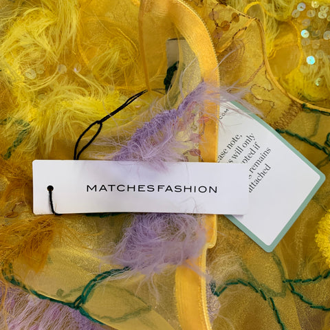 ASHISH Size L Yellow Lavender Floral Organza Ostrich Cocktail Dress