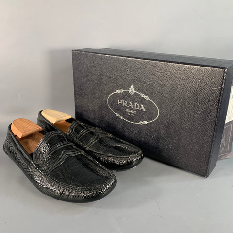 PRADA Size 10.5 Black Patent Leather Slip On Drivers Loafers