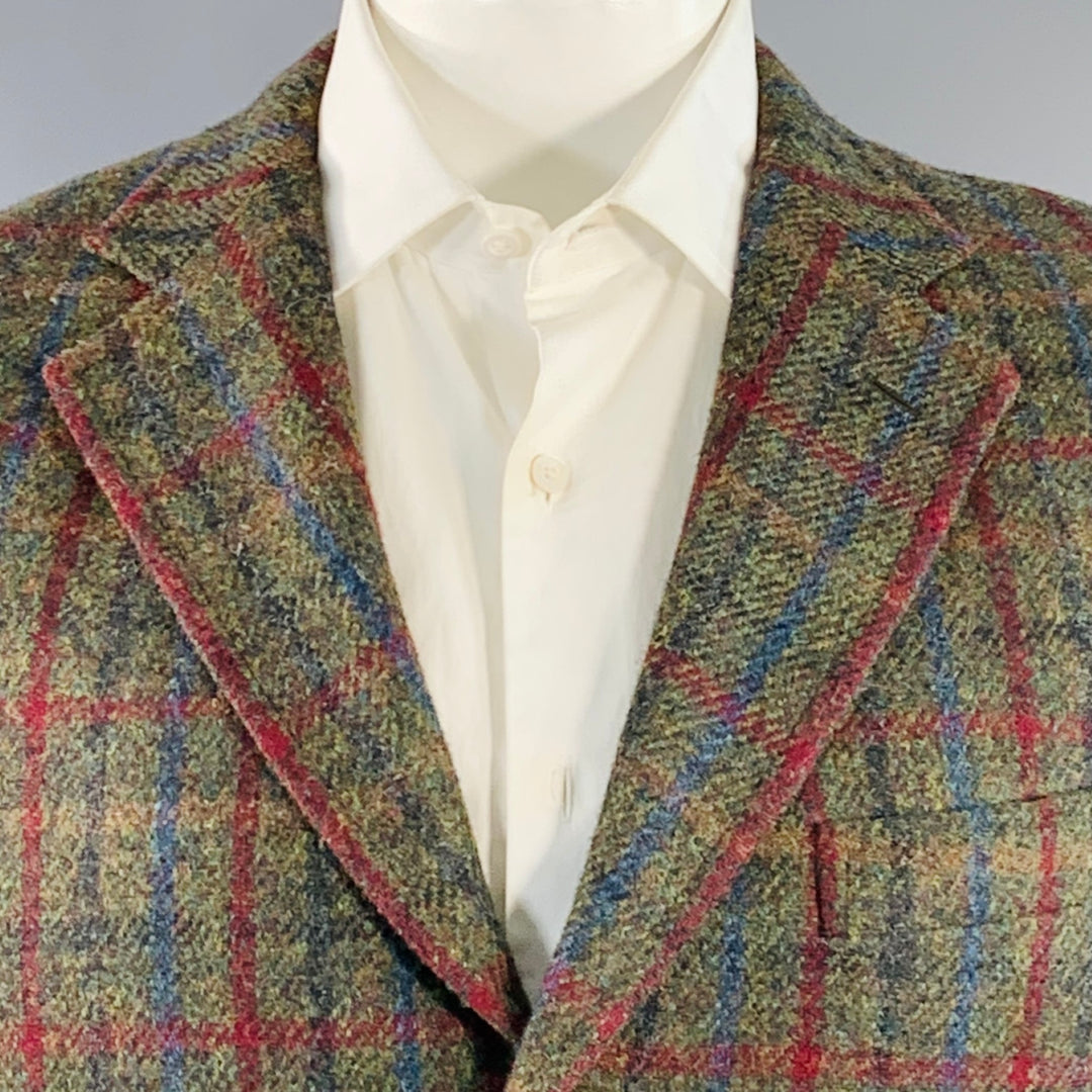 O'CONNELL'S Size 42 Long Brown Red Plaid Wool Notch Lapel Sport Coat