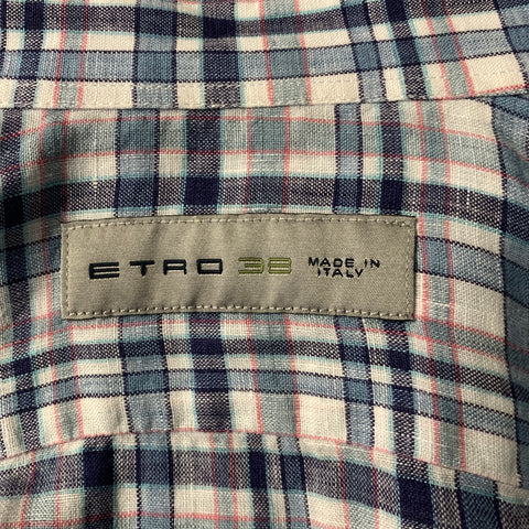 ETRO Size M Blue Pink Plaid Linen Blend Button Up Long Sleeve Shirt