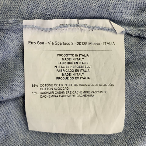 ETRO Size XL Blue White Knitted Cotton Cashmere V-Neck Vest