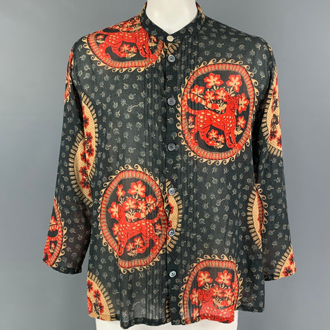 GUCCI Size L Gray Red Khaki Print Cotton Nehru Collar Long Sleeve Shirt