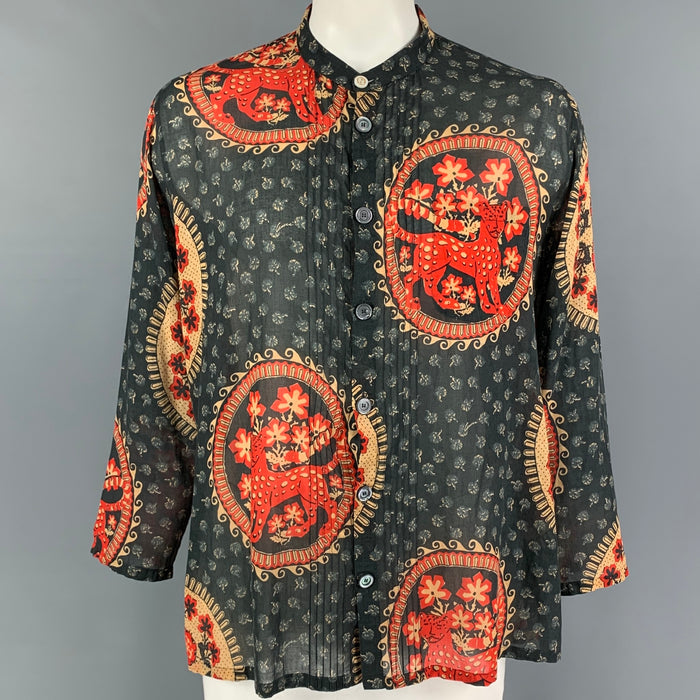 GUCCI Size L Gray Red Khaki Print Cotton Nehru Collar Long Sleeve Shirt