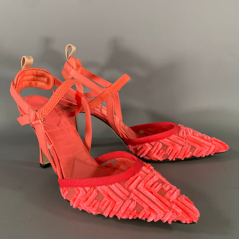FENDI Size 9 Pink Neon Microfiber Monogram Calfskin Slingback Pumps