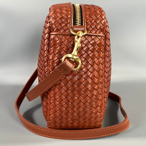 CLARE V. Brown Cognac Woven Leather Cross Body Bag