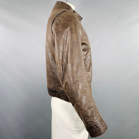 EMPORIO ARMANI Size 42 Brown Checkered Leather Zip Up Jacket