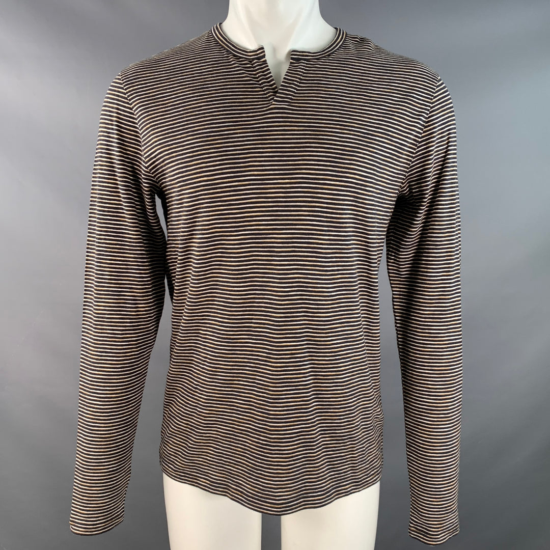 VINCE Size S Navy Yellow & White Stripe Cotton Open Collar Pullover