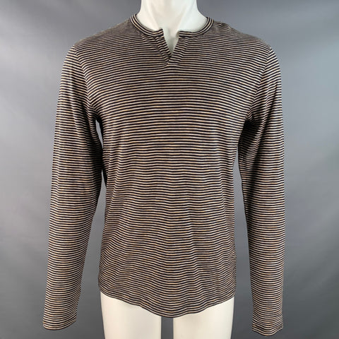 VINCE Size S Navy Yellow & White Stripe Cotton Open Collar Pullover