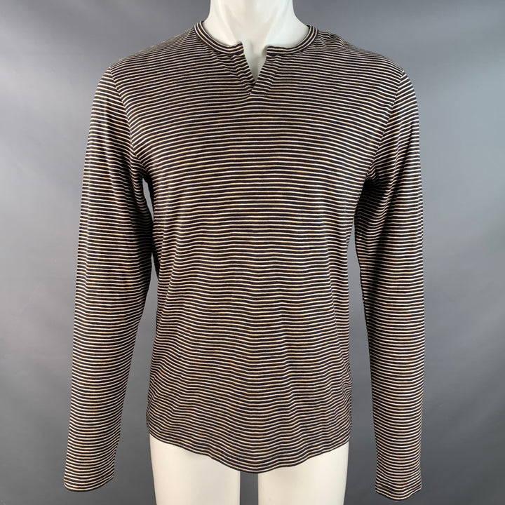 VINCE Size S Navy Yellow & White Stripe Cotton Open Collar Pullover