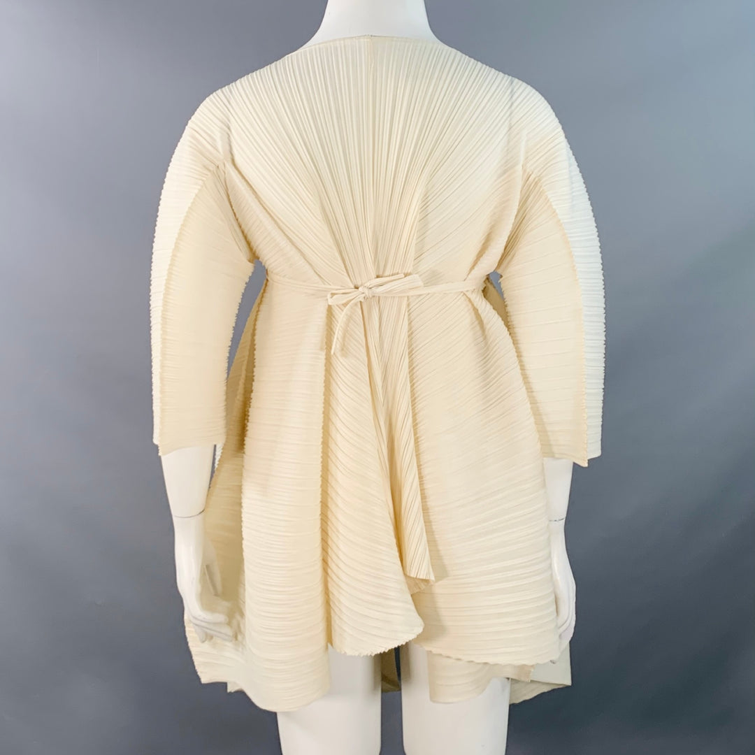 RON DAVID STUDIO One Size Cream Polyester Pleated 3/4 Sleeves Tie Dress