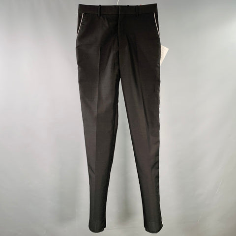 ALEXANDER MCQUEEN Taille 28 Noir Argent Contraste Bordure Laine Mohair Pantalon Habillé