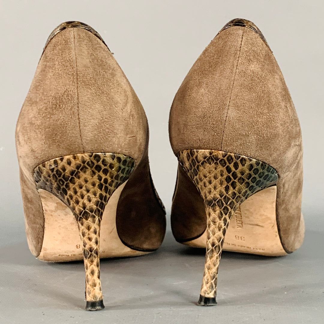 MANOLO BLAHNIK Size 8 Tan Brown Suede Snakeskin Cap Toe Pumps
