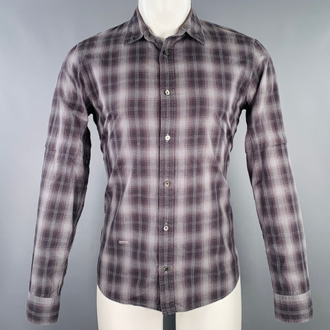 ROBERT GELLER Size S Grey Charcoal Plaid Cotton Spread Collar Long Sleeve Shirt