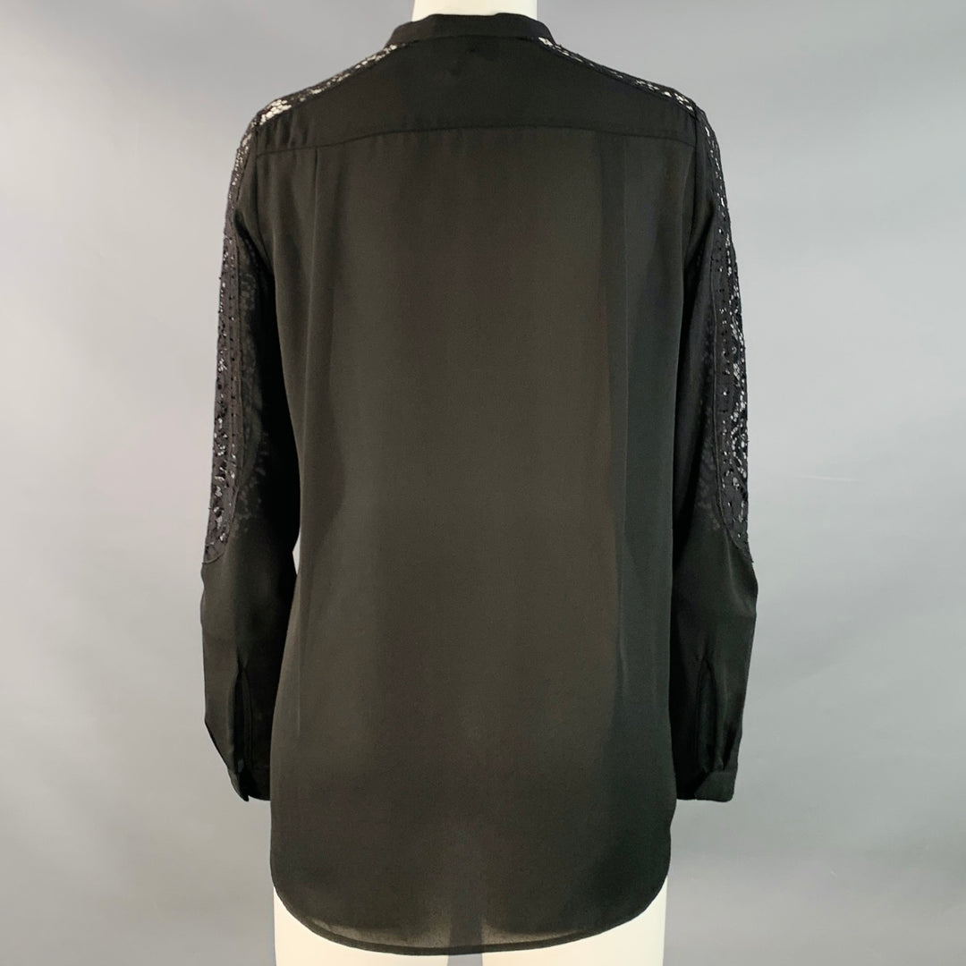 THE KOOPLES Size S Black Polyester Collarless Lace Trim Hidden Buttons Blouse