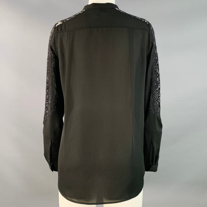 THE KOOPLES Size S Black Polyester Collarless Lace Trim Hidden Buttons Blouse