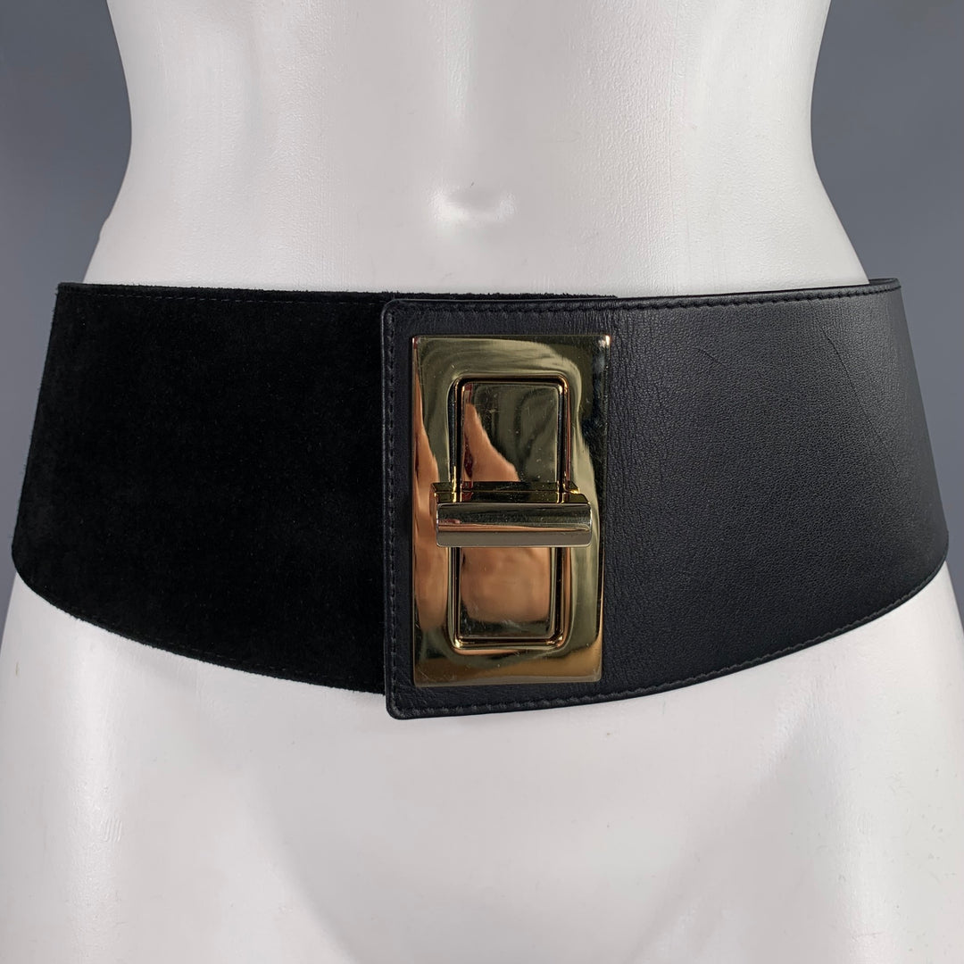 SUZI ROHER Waist Size S Black Gold Mixed Materials Suede Leather Stretch Belt