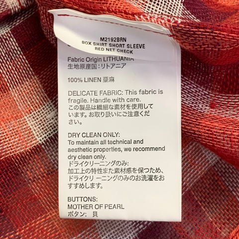 OUR LEGACY Size M Red White Plaid Linen One Pocket Short Sleeve Shirt