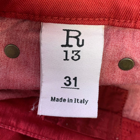 R13 Size 31 Red Embroidery Cotton Blend Wide Leg Jeans