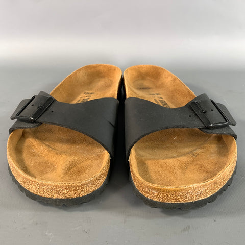 BIRKENSTOCK Size 11 Black Tan Solid Leather Slide Sandals