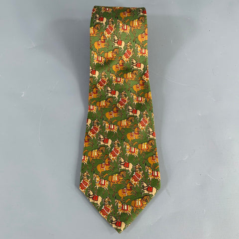 SALVATORE FERRAGAMO Green Taupe Horses Silk Tie