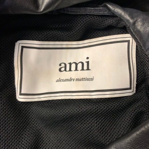 AMI Size M Black Leather Hooded Pullover