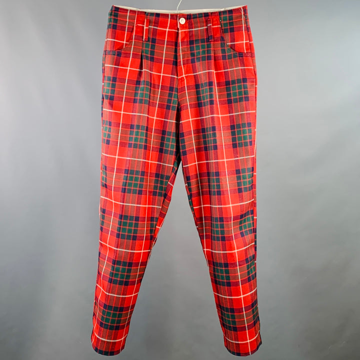 HAIKURE Size 28 Louisiana Red Multi Color Plaid Polyester Blend Pleated Zip Fly Dress Pants