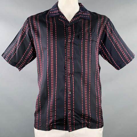 TAAKK Size L Black Pink Embroidery Cupro One Pocket Short Sleeve Shirt