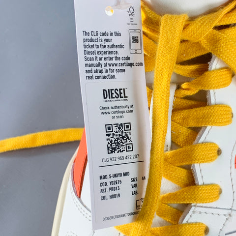 DIESEL Size 10.5 S Ukiyo Mid White Orange Yellow Color Block Leather High Top Sneakers