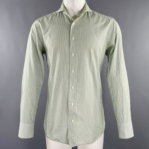 SUIT SUPPLY Chemise à manches longues en coton, rayures vertes et blanches, col ouvert, taille 40