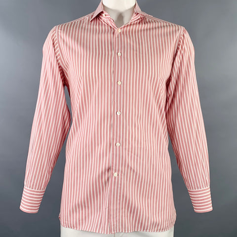 ERMENEGILDO ZEGNA Size L Pink White Stripe Cotton Slim Fit Long Sleeve Shirt