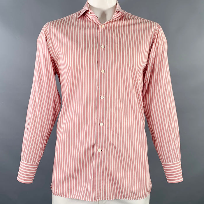 ERMENEGILDO ZEGNA Size L Pink White Stripe Cotton Slim Fit Long Sleeve Shirt