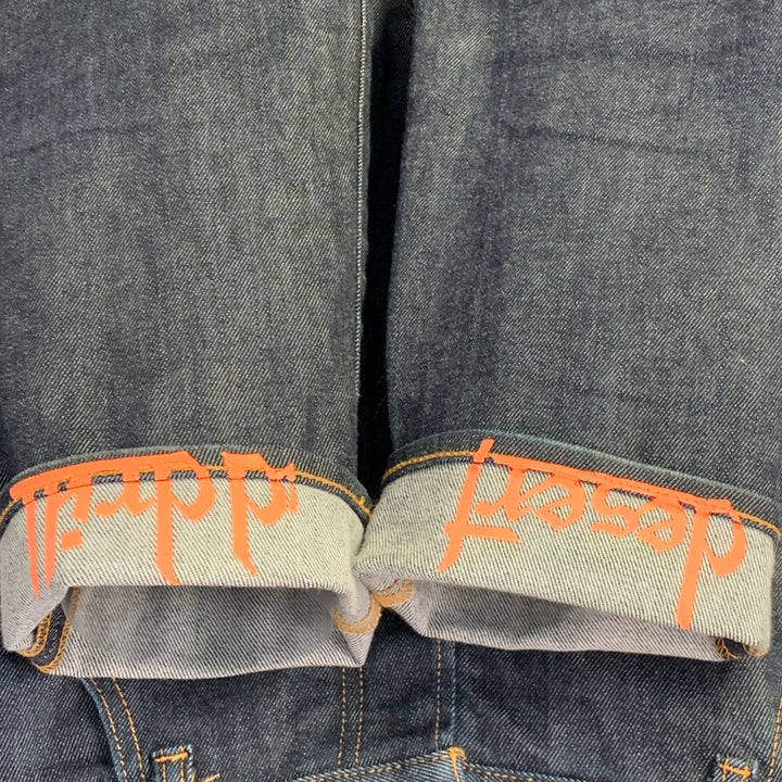 YOSHIO KUBO Size 34 Blue Cotton Blend Twill Contrast Stitch Painted Cuff Cropped Jeans