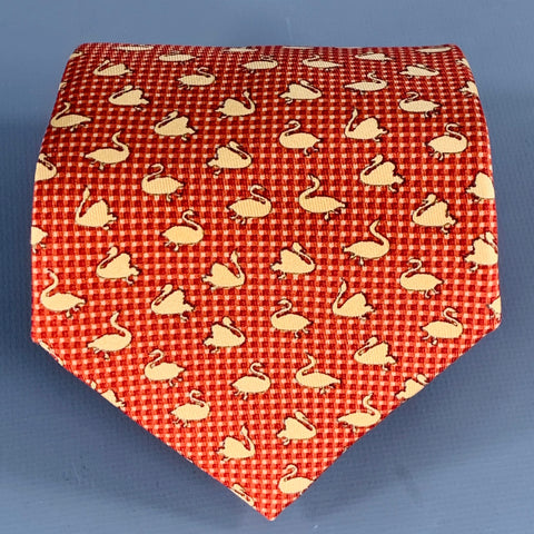 SALVATORE FERRAGAMO Yellow Burgundy Swans Silk Tie