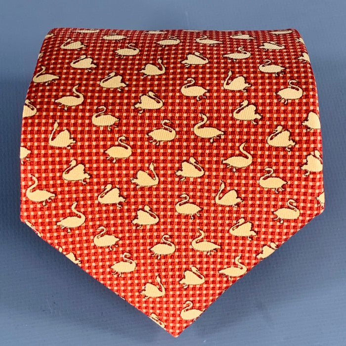 SALVATORE FERRAGAMO Yellow Burgundy Swans Silk Tie