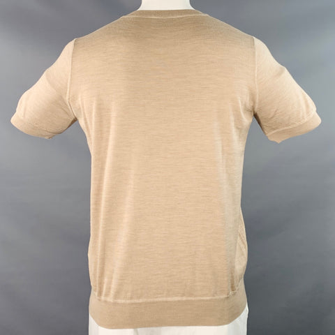 PRADA Size L Beige Cream Logo Cashmere Wool Jersey Short Sleeve Crew Neck Pullover
