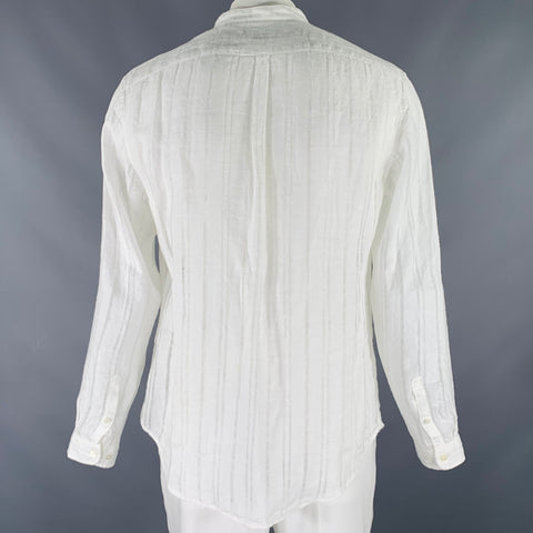 JOHN VARVATOS Size L White Textured Linen Nehru Collar Long Sleeve Shirt