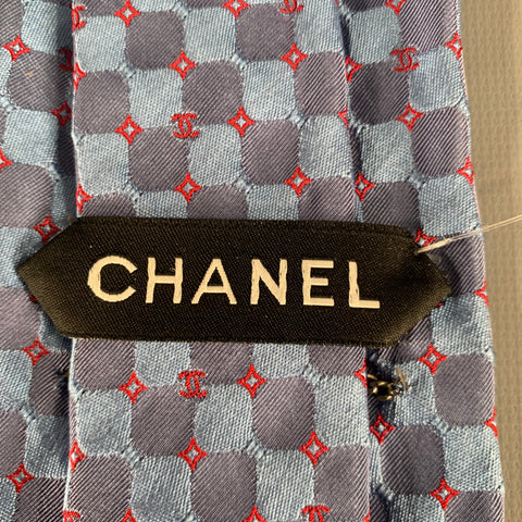 CHANEL Blue Red Squares CC Monogram Silk Tie
