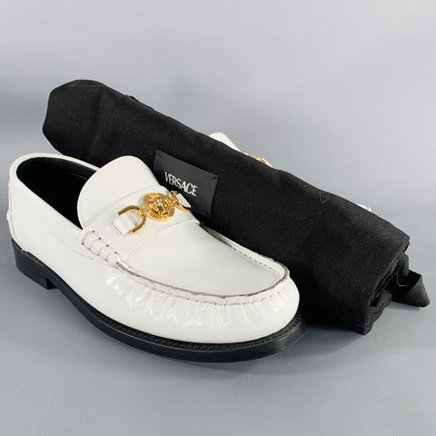 VERSACE Size 9 White Gold Leather Logo Moccasin Flats