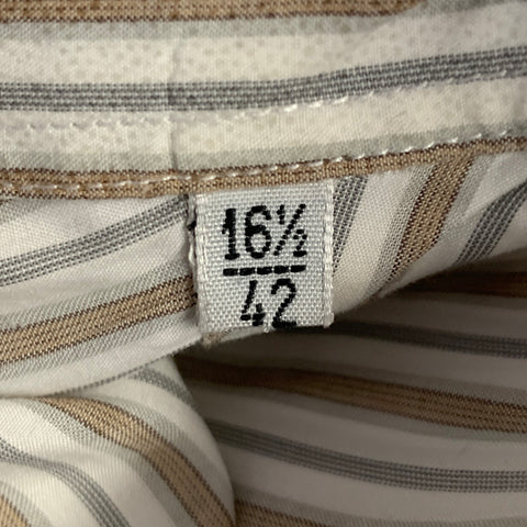 LORO PIANA Size L White Tan Grey Stripe Cotton One Pocket Long Sleeve Shirt