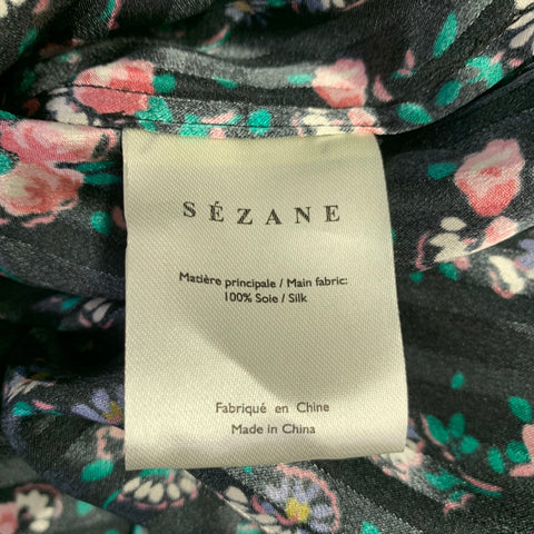 SEZANE Size 4 Black Multi Color Silk Floral Long Sleeve Blouse