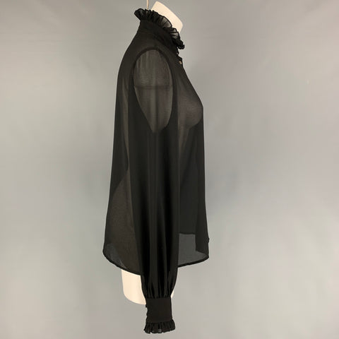 JOHN RICHMOND Size 6 Black Polyester Ruffled High Collar Blouse