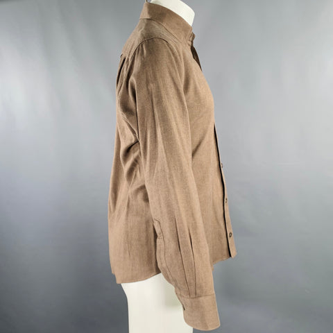 ERMENEGILDO ZEGNA Size S Brown Herringbone Cotton One Pocket Long Sleeve Shirt