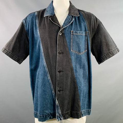 FENG CHEN WANG Size XL Black Indigo Patchwork Cotton Short Sleeve Shirt