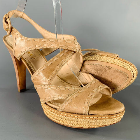 PRADA Size 11 Beige Taupe Leather Woven Espadrille Sandals