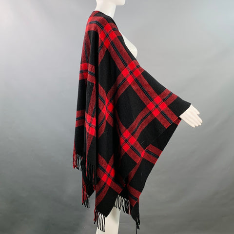 THE KOOPLES One Size Red Black Plaid Wool Open Front Fringe Shawl