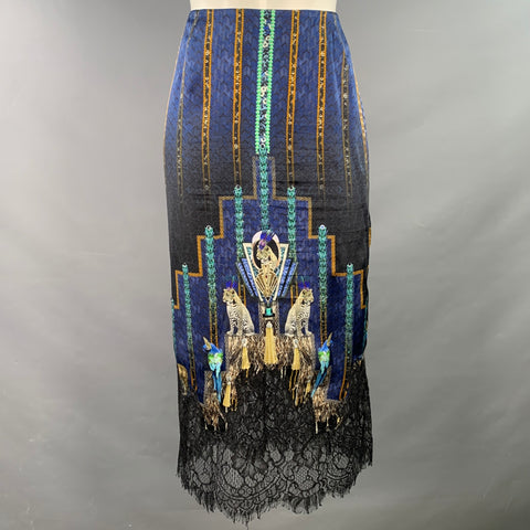 CAMILLA Size M Navy Multi Color Art Deco Animal Print Pencil Midi Skirt