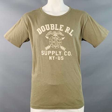 RRL by RALPH LAUREN Size XL Olive Green Logo Print Cotton Crew Neck T-shirt