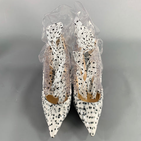 MIDNIGHT 00 Size 7.5 White Black Tulle Polka Dot Leather Trim Stiletto Heels Pumps