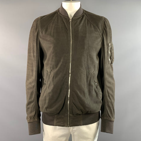RICK OWENS Size 46 Green Olive Ribbed Leather Bomber Jacket