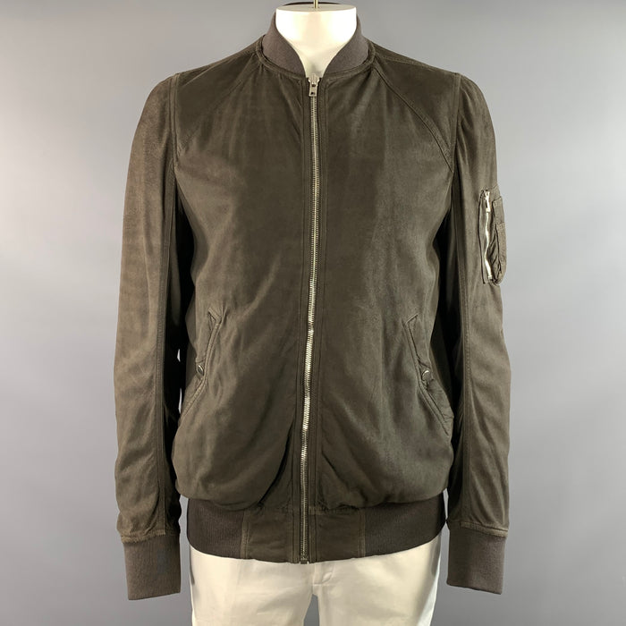 RICK OWENS Size 46 Green Olive Ribbed Leather Bomber Jacket
